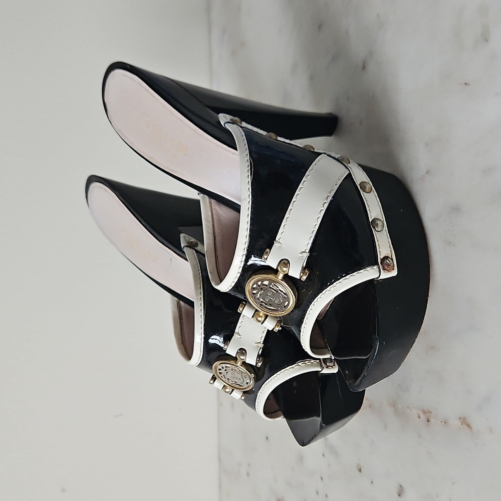 VERSACE: Glam Vintage Black Lacquered Wood Gold Medusa Heels